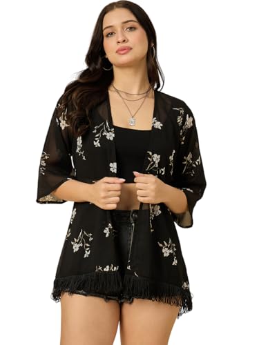 Image of Azira Georgette Floral Printed Front Open Shrug |Black Color|Short Length | Western & Casual Wear| Summer Wear | Shrugs for Woman Stylish