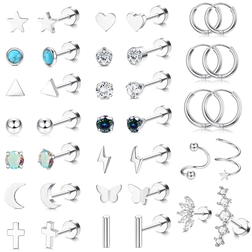 JeweBella Pendientes Hipoalergénicos de Acero Quirúrgico Aro Luna Estrella Circonita - Helix Piercing Cartílago Pequeños