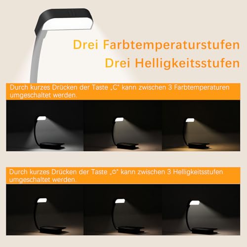 Leselampe Buch Klemme,USB Wiederaufladbare Buchlampe 9 LEDs 3 Farbtemperatur Modi Leicht & Tragbar Einstellbare Helligkeit Klemmleuchte Lange Akkulaufzeit Flexible 360° Drehung für Nachtlesen ins Bett