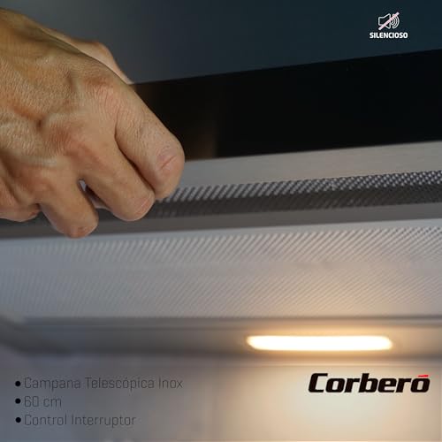 Corberó VINSON635X Teleskophaube, Edelstahl, 60 cm, Durchflussmenge 350 m³/h, Leistung 65 W, 2 Geschwindigkeiten, Aluminiumfilter 3 Schichten, Kohlefilter, Energieeffizienz B