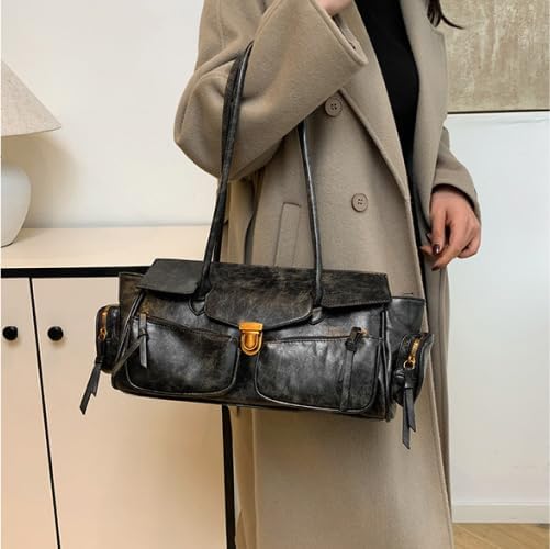 Image of Y2K Shoulder Bag for Women Retro Multi-Functional Large Capacity Tote with Multiple Pockets - Punk Hobo Handbag