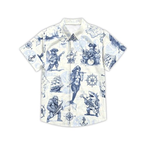 Image of THE PIRATE KING Funny Pirate Hawaiian Shirt Boys Girls Beach Tropical Casual Short Sleeve Button Down Shirt for 5-14 Years