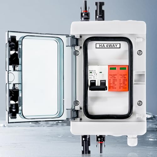 Überspannungsschutz PV DC 1000V, DC Trennschalter PV Anlage 2P 32A und Solar PV Blitzschutz 40KA, IP65 Wasserdicht Solar Anschlusskasten 1-String 4-Module mit Solarstecker (1 in 1 Out)