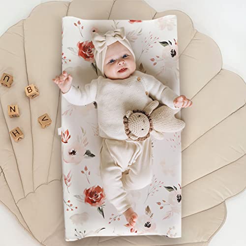 Image of GRSSDER Stretch Ultra Soft Jersey Knit Changing Pad Cover Set 2 Pack, Change Table Pad Covers Fit 32 inch /34 inch x 16 inch Pads Safe and Snug, Pretty Watercolor Rose Flora for Baby Girls, Orange Pink