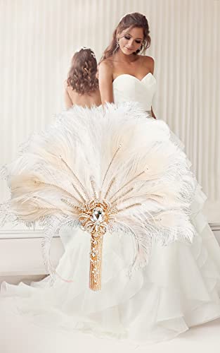 Gold Bridal Brooch Bouquet Ostrich Large Alternative Feather Fan Bridal Bouquet Ivory, Holding Flowers, 1920S Art Deco Wedding, 20S Bouquet #TOP3