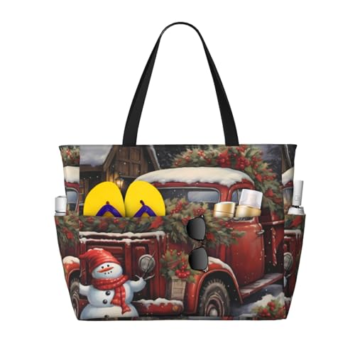 Red Truck Beach Bag Christmas Snowman Pool Bag for Women Waterproof Large Travel Tote with Zipper Organizer for Swimming Vacation Essentials