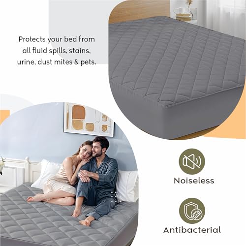 Image of Ayka 100% Waterproof Mattress Protector King Size 78x72 Cotton Quilted Bed Protector King Size Breathable Noiseless Ultra Soft | Elastic Fitted Mattress Cover | Bed Cover -6.5x6 ft, Grey