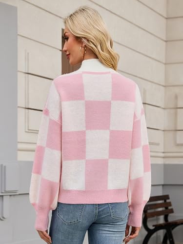 Womens Oversized Cute Checkered Sweater Fall 2025 Trendy Preppy Chunky Knit Mock Neck Long Sleeve Pullover Sweaters3
