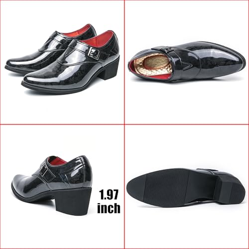 Men's Patent Leather Chunky Heel Dress Loafers with Buckle Strap Fashion Classic Cap Toe Low Top Block High Heel Slip On Oxford Shoes Casual Business Office Wedding Formal Shoes3