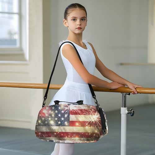 Duffle Bag for Boys or Girls with Shoes Compartment, American Flag Fireworks Sports Travel Bag Overnight3