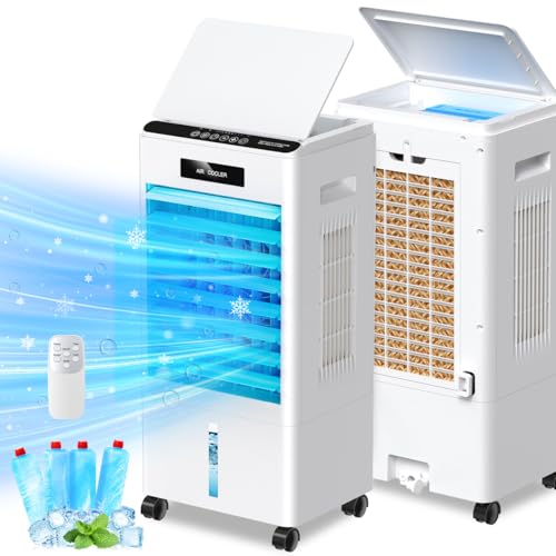 Pekfxm Portable Air Conditioners, 3-in-1 AC Cooling Fan 3 modes 3-Speed with Remote Control & 4 Ice Boxes, Evaporative Air Cooler with 8L Tank 20H Cooling, for Home, Bedroom, Kitchen (White)