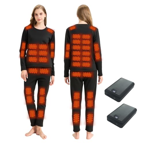Foern Heated Thermals Underwear Set for Womens 42 Heating Zones Electric Pants and Top with 2X 16000mAh Quickly-Charging Batteries (Black L)
