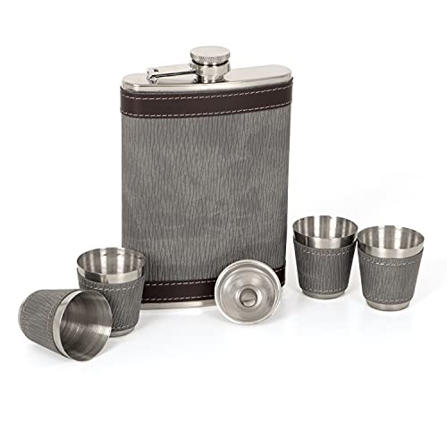 Image of Stainless Steel Hip Flask with Funnel & 4 Shot Glass for Men & Women, 9 oz (266 ml) Wine Whiskey Vodka Alcohol Drinks Pocket Bottle Beverage Holder (AR3783)