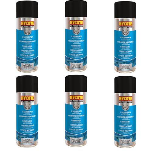 Hycote Satin Black Spray Paint 400ml Pack of 6 | Smooth Mid-Sheen Acrylic Finish for Metal & Plastic | Fade-Resistant Durable Top Coat