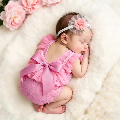 ForBaysy Infant Newborn Photography Props Girl Outfit Lace Romper with Cute Flower Headband Newborn Dress Posing Props - image 3