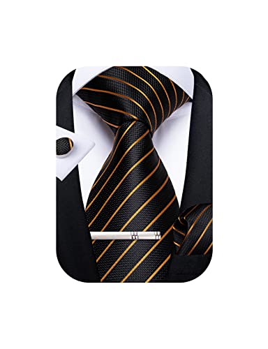 Image of DiBanGu Mens Striped Tie Silk Woven Necktie and Pocket Square Cufflinks Tie Clip Set Wedding Business Formal Gift Tie for Men