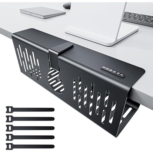 NODOCA No Drill Under Desk Cable Management Tray, 14'' Wire Management, Punch-Free Clamp on, Metal Cable Tray, Wire Organizer Under Desk, Under Desk Basket for Office and Home, Black