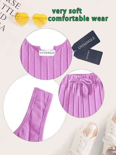 Image of OYOANGLE Girl's 2 Piece Outfits Sleeveless Rib Knit Notched Neck Crop Tank