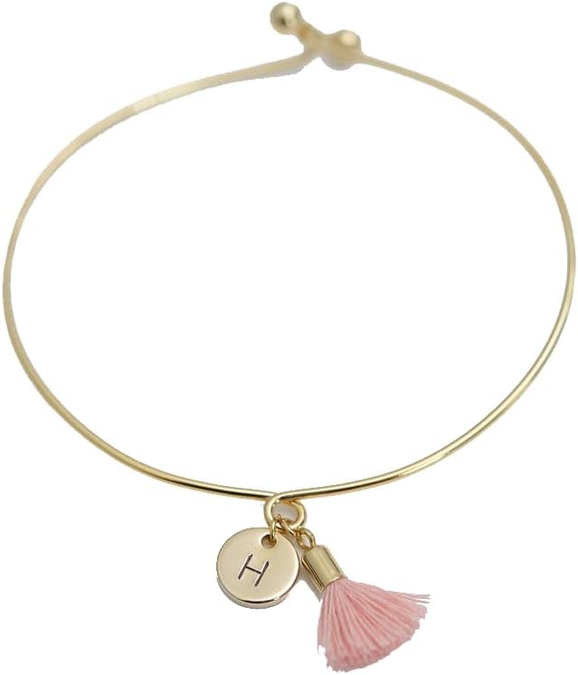 Tassel Bracelet with a Personalised Initial Disc - Mint, Pink, Green, Burgundy, Black, Navy, Khaki, Ivory Tassels, Hand Stamped Letter Coin, Initial Bracelet, Thin Wire Bangle BCR 081