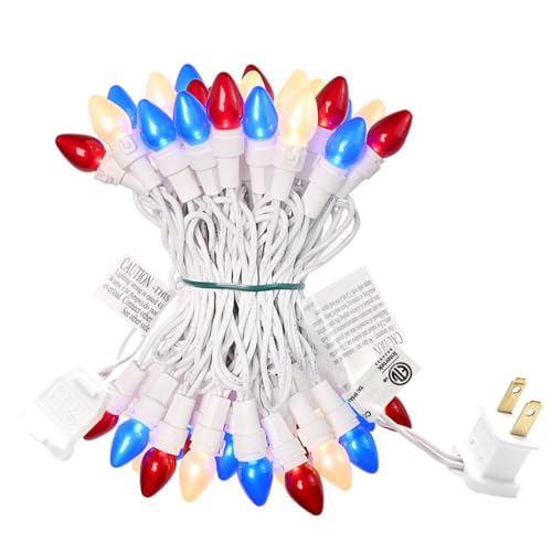 ESOLTON Red White and Blue String Lights 50 LED C3 Glass 4th of July String Light White Wire Independence Day Decor LED String Lights for Bedroom Patriotic Decoration Memorial Day Presidents Day