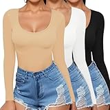 Camiseta básica de manga larga con cuello redondo para mujer, ajustada, camiseta interior térmica, linda ropa de moda de otoño, 3 piezas-A, XL