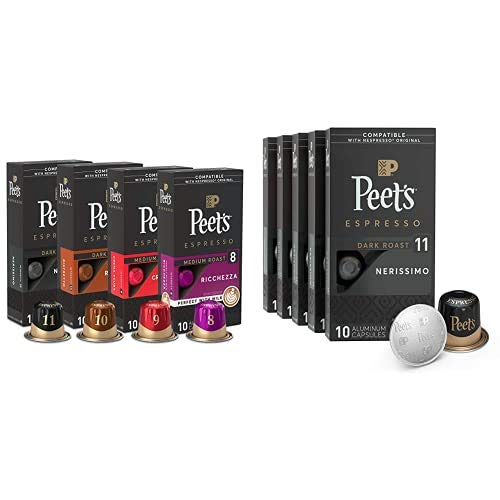 Peet's Coffee Espresso Capsules, Variety Pack (40 count) & Nerissimo Intensity 11 Dark Roast Coffee (50 count), Compatible with Nespresso Original Line System