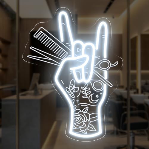 Image of Stylish Hand Holding Scissors and Comb Neon Sign Hair studio Led Light | USB Powered Dimmable Beauty Shop Neon Decor Salon Clipart Decor, Business Wall Decoration Sign 15.7 inchx11.8 inch