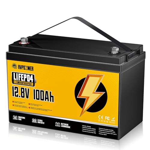 Rvpozwer Batteria Litio 12V 100Ah, 1280Wh LiFePO4 Batterie, con BMS Integrato da 100A, 18000 Cicli a Scarica Profonda, Protezione Contro le Basse Temperature, per Off-Grid, Camper e Imbarcazioni