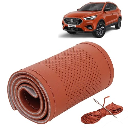 Image of KINGSWAY PU Leatherite Car Steering Cover Sewable Compatible with Morris Garages (MG) Astor (Year 2021 Onwards), Tan Color with Tan Thread, Pack of 1 with Sewing Needle and Thread