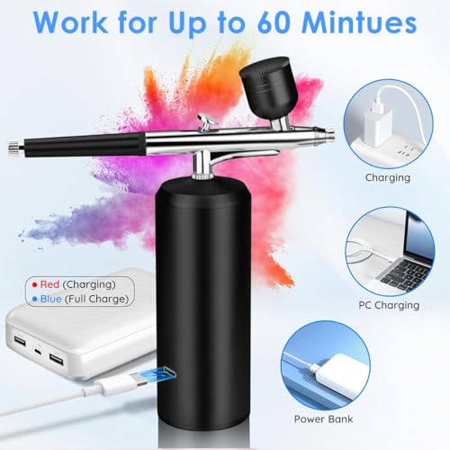Image of HANNEA Airbrush Kit Rechargeable LCD Air brush Spray Gun with 3 Pressure Level 0.3mm Nozzle Air Brush for Painting & Airbrush Makeup Machine for Barber, Nail Art, Cake Decor, Model Painting(Black)