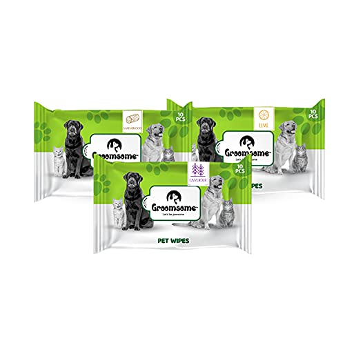 GROOMSOME XXL Size Pet Wet Wipes For Dogs & Cats (30*30 Cms) Scent- Lavender, Lime and Sandalwood| Antibacterial and With Hypoallergic Formula| Aloe Vera, Glycerin and Vitamin E – Pack of 3 (30 Pcs)