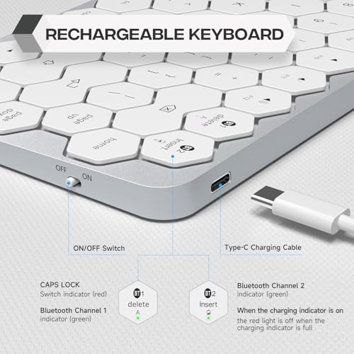 Image of GEEZER Wireless Bluetooth Keyboard - Hexagon Keycap Portable Ultra-Slim Rechargeable Compact Keyboards Compatible with Mac, iPhone, iPad(White)
