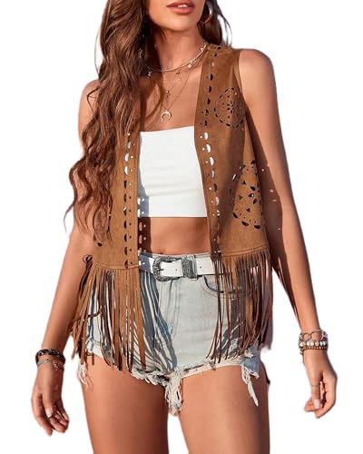 Women Tassel Vest 70s Hippie Faux Suede Rivets Sleeveless