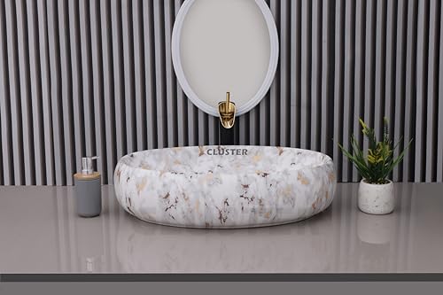 Image of CLUSTER Designer Glossy Ceramic Table Top Wash Basin For Bathroom | Countertop Bathroom Sink For Livingroom, Resturant Decor, Oval Shape (24 x 16 x 6 inch)
