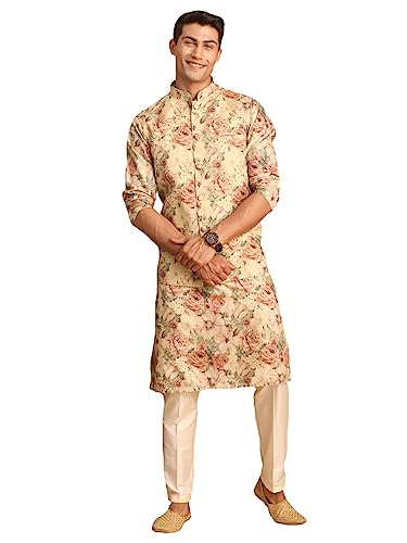 Image of VASTRAMAY Men's Multicolor Base Silk Blend Jacket, Kurta and Pyjama Set || Classic Flower Print Nehru Jacket with Kurta and Pyjama - Perfect for Festive Occasions