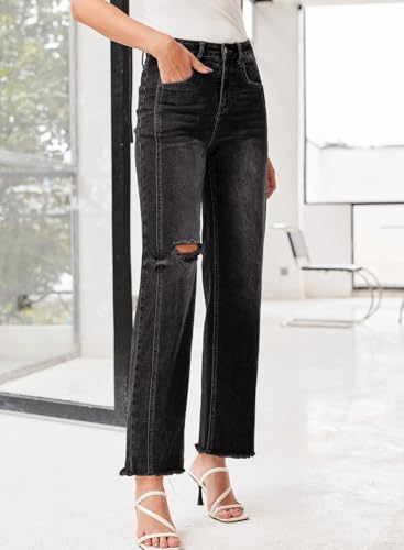 Sidefeel Women's High Waisted Boyfriend Jeans Trendy Ripped Straight Leg Raw Hem Stretchy Ankle Denim Pants3
