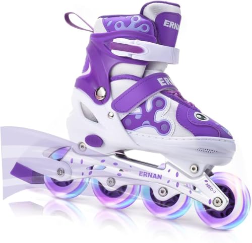 ERNAN Pattini in linea regolabili per bambini,Pattini in linea, pattini in linea per bambini con ruote illuminate, Per ragazze e ragazzi, per uso interno ed esterno (Purple, S)