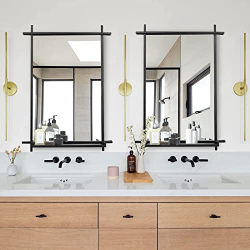 Bathroom Mirrors For Wall, 22X32, Black Metal Cross Corner Framed Industrial Hanging Mirror With Shelf, Large Modern Wall-Mounted Vanity Makeup/Shaving Mirror Set For Bedroom, Living Room, Entryway #TOP2