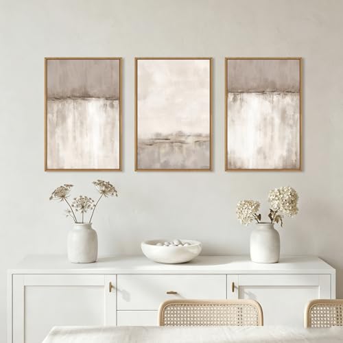 Image of KAIRNE Large Neutral Gray Framed Canvas Wall Art Set, Abstract Duotone Gray Tan Wall Decor, Neutral Watercolor Shape Wall Pinting, Modern Landscape Art Print for Living Room,Bedroom,Office-16 x24 x3