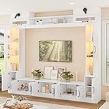 LUXOAK 98' Wide Wall Unit TV Stand with Storage for TVs up to 80', Large Modern TV Console Table with LED Lights, Entertainment Center with Bookshelves for Living Room, White