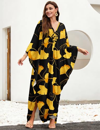 Image of MAKABO Kaftan Dresses for Women, V Neck Moo Moos Colorful Print Cover Ups Caftan Beach Dresses for Swimwear