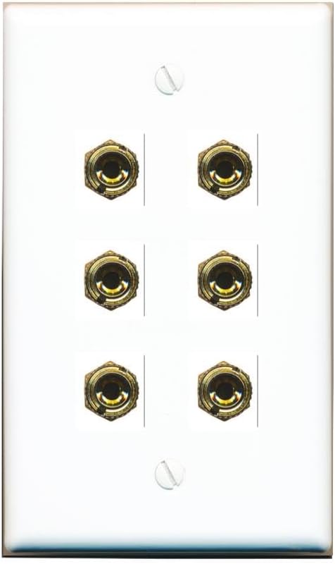 RiteAV 6 Banana 3 Speaker Surround Female Coupler Binding Post Wall Plate - Flat Style [Stainless Steel]