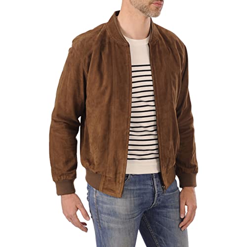 Trifoliate Brown Suede Jacket Men - Real Goatskin Baseball Leather Jacket For Men - Main Image