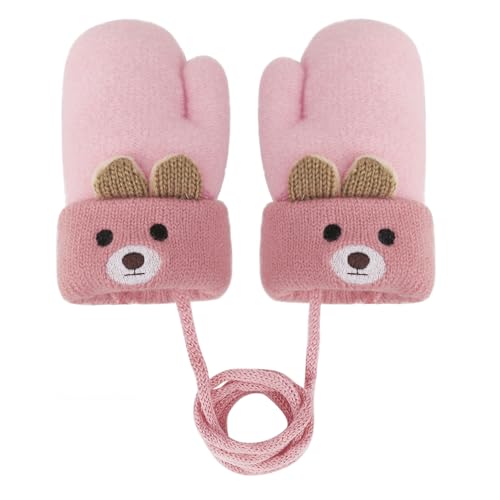 Toddler Baby Knitted Winter Gloves Cable Mittens Cute Cartoon Bear Kids Boys Girls Thermal Thick Fleece Lined Gloves Wool Warm Knit Snow Ski Cold Weather Gloves Children with String Age 0-3Y