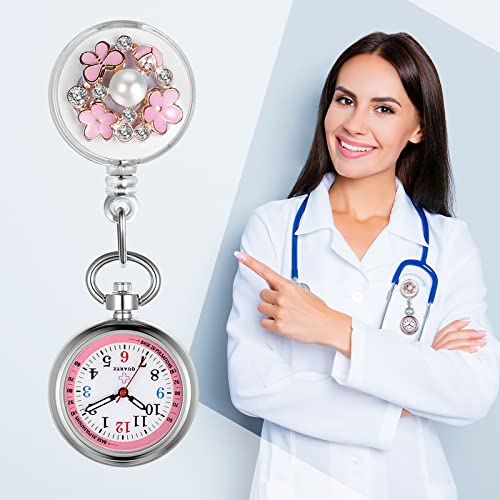 Image of Lancardo Retractable Nurse Watch Clip On Pearl Flower Patterns Badge with Secondhand Stethoscope Lapel Fob Pocket Watch Doctor Nurse Watch for Women and Men Nurses Day