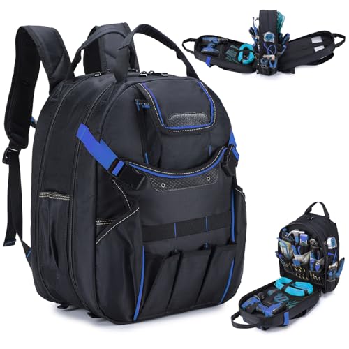 KSIBNW Tool Backpack Heavy Duty for Men, 45-Pockets Organizer Bags with Laptop Compartment,Durable Tool Carrier with Charging Port for Eelectrician Construction Mechanic Work, Black and Blue