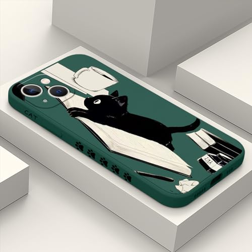 Coque iPhone 13 fleurie en silicone liquide vert chat LEECG de 6,1 pouces