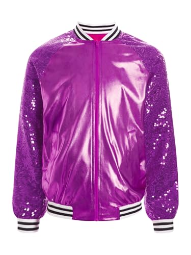 Kids Girls Shiny Sequins Bomber Jacket Baseball Coat Zip Up Metallic Hip-hop Dance Performance Outerwear3