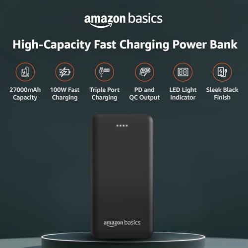 Amazon Basics Power Bank, 27000mAh, 100W, 3 Ports, USB Type-C, Black view 2
