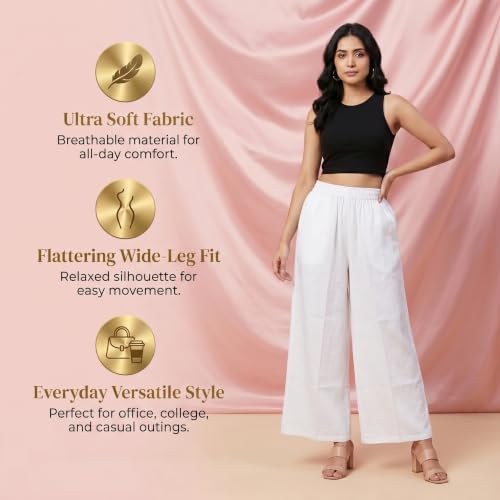 Image of Plaazo Women's Cotton Palazzo | Wide Leg Palazzo for Women | Soft Breathable High Waist Bottom Wear | Comfortable Casual, Office, Travel for Women